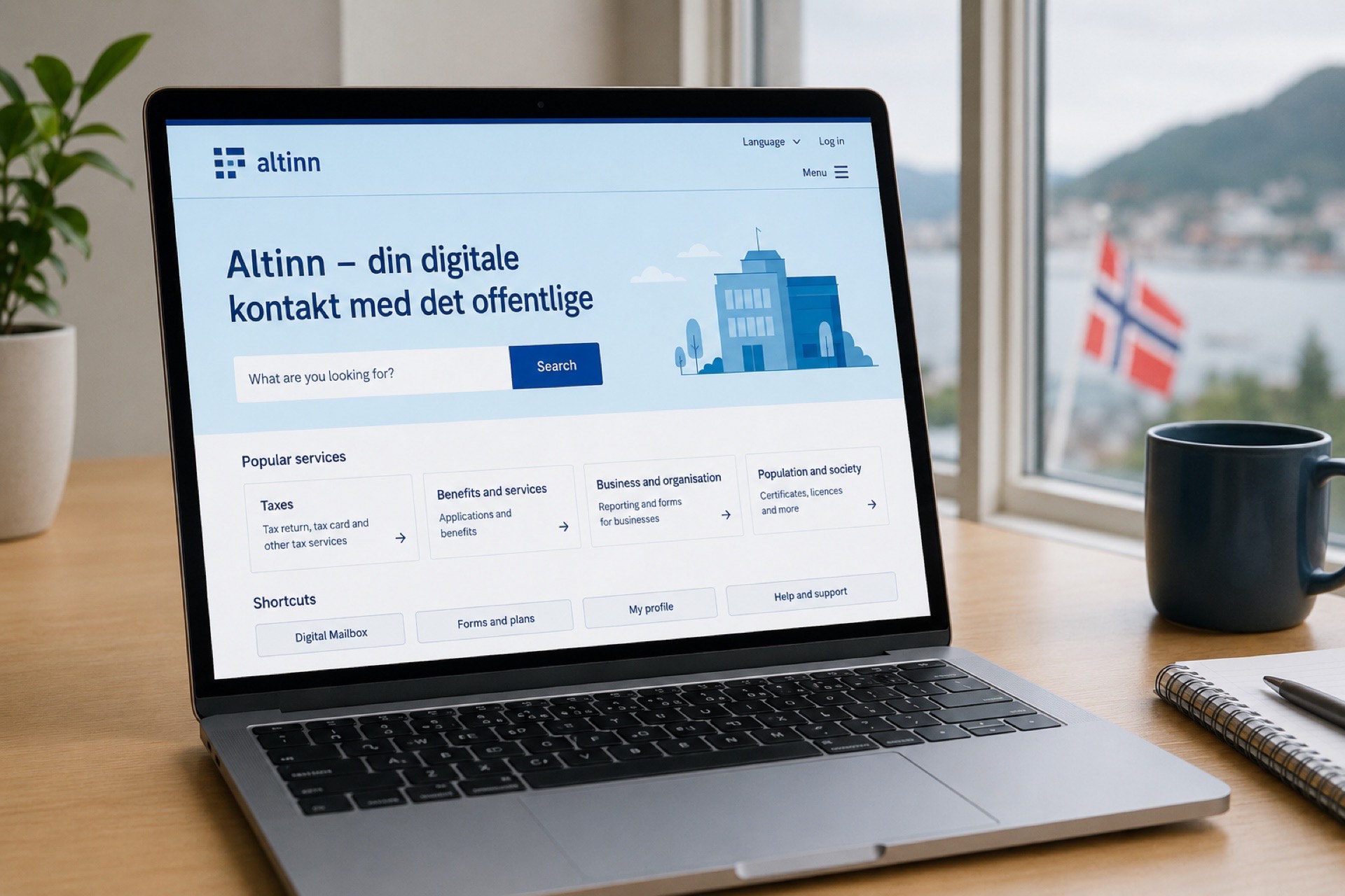 Strona główna portalu Altinn na ekranie laptopa