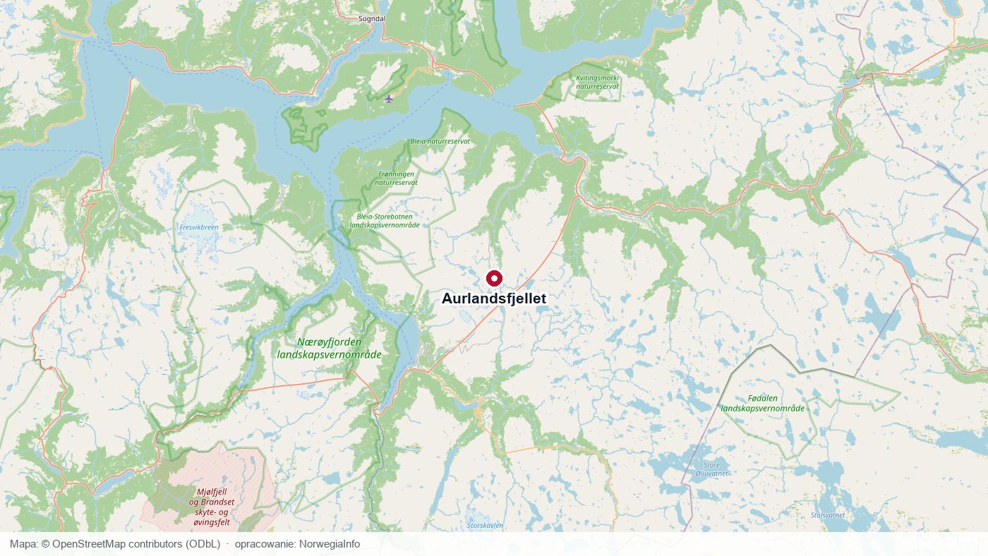 Mapa przebiegu drogi Aurlandsvegen przez płaskowyż między Aurland a Lærdal