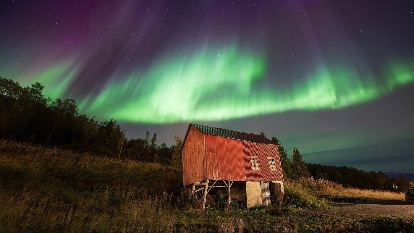 Zorza polarna nad krajobrazem w regionie Nordland