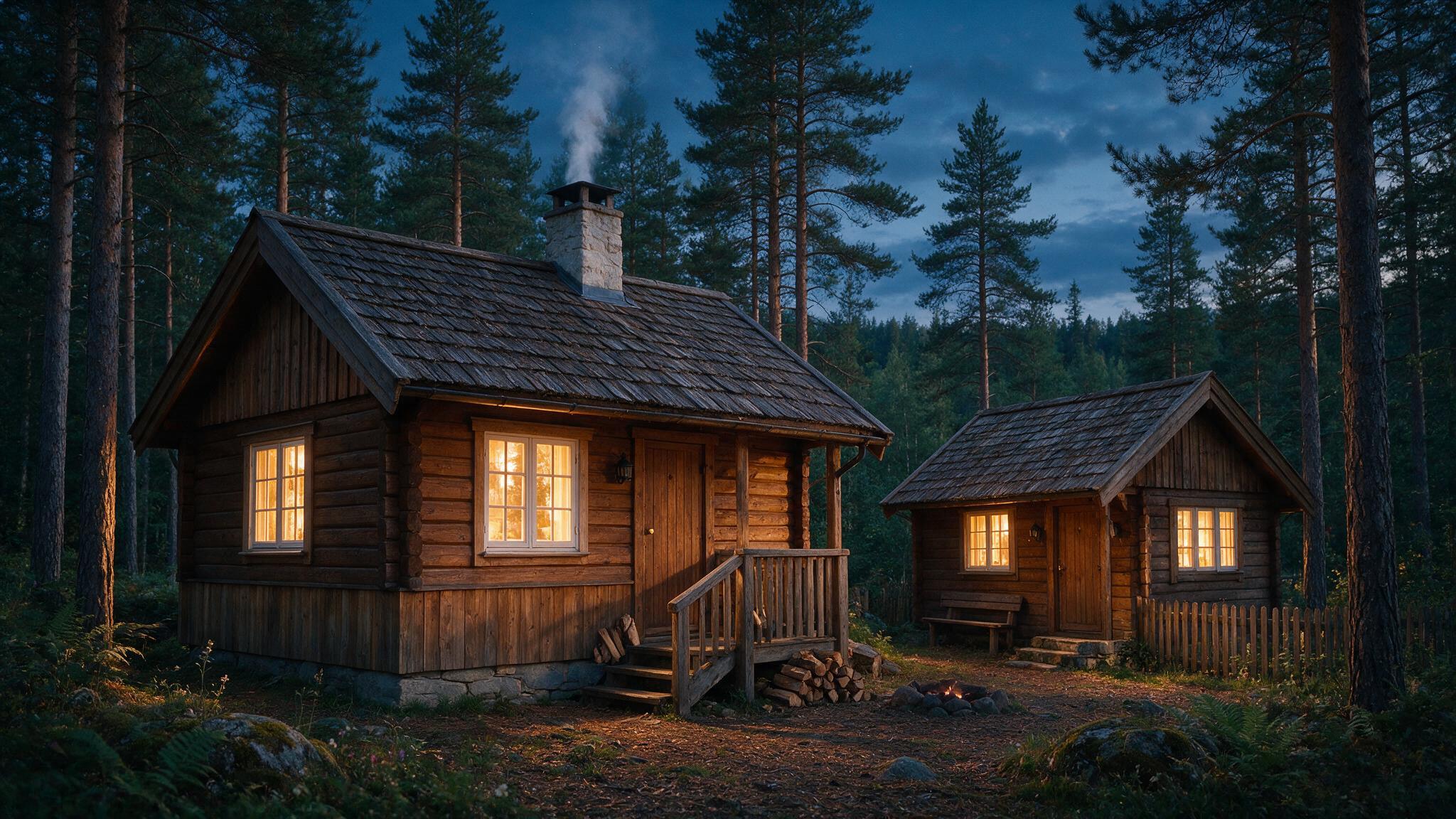 Drewniane domki campingowe otoczone norweskim lasem