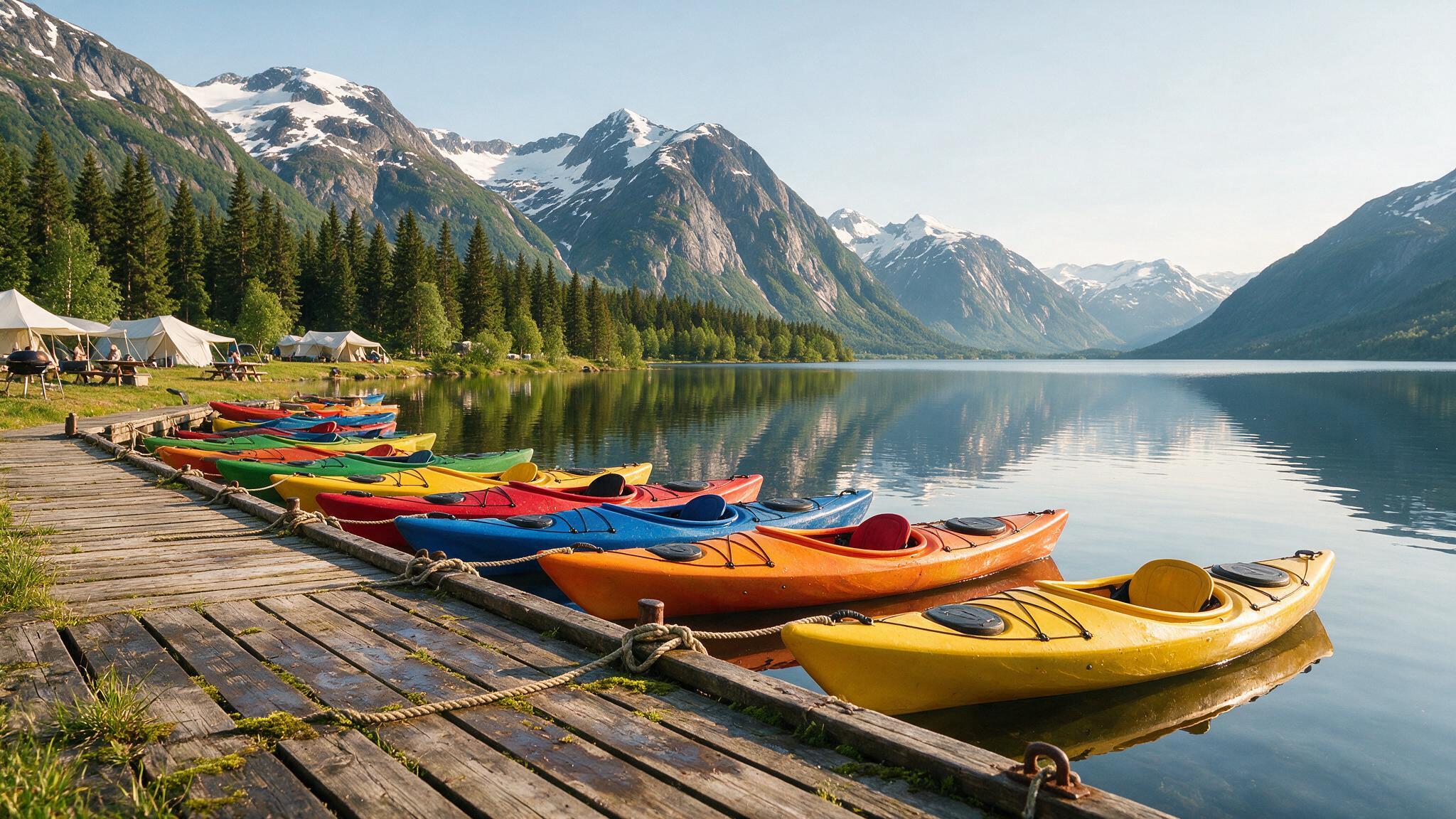 Kajaki przy pomoście na campingu nad norweskim jeziorem