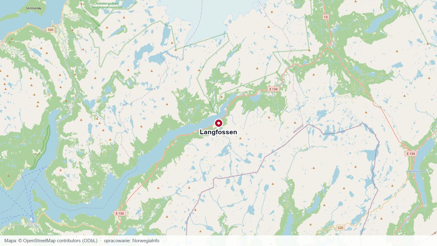 Mapa położenia wodospadu Langfossen nad Åkrafjordem w gminie Etne