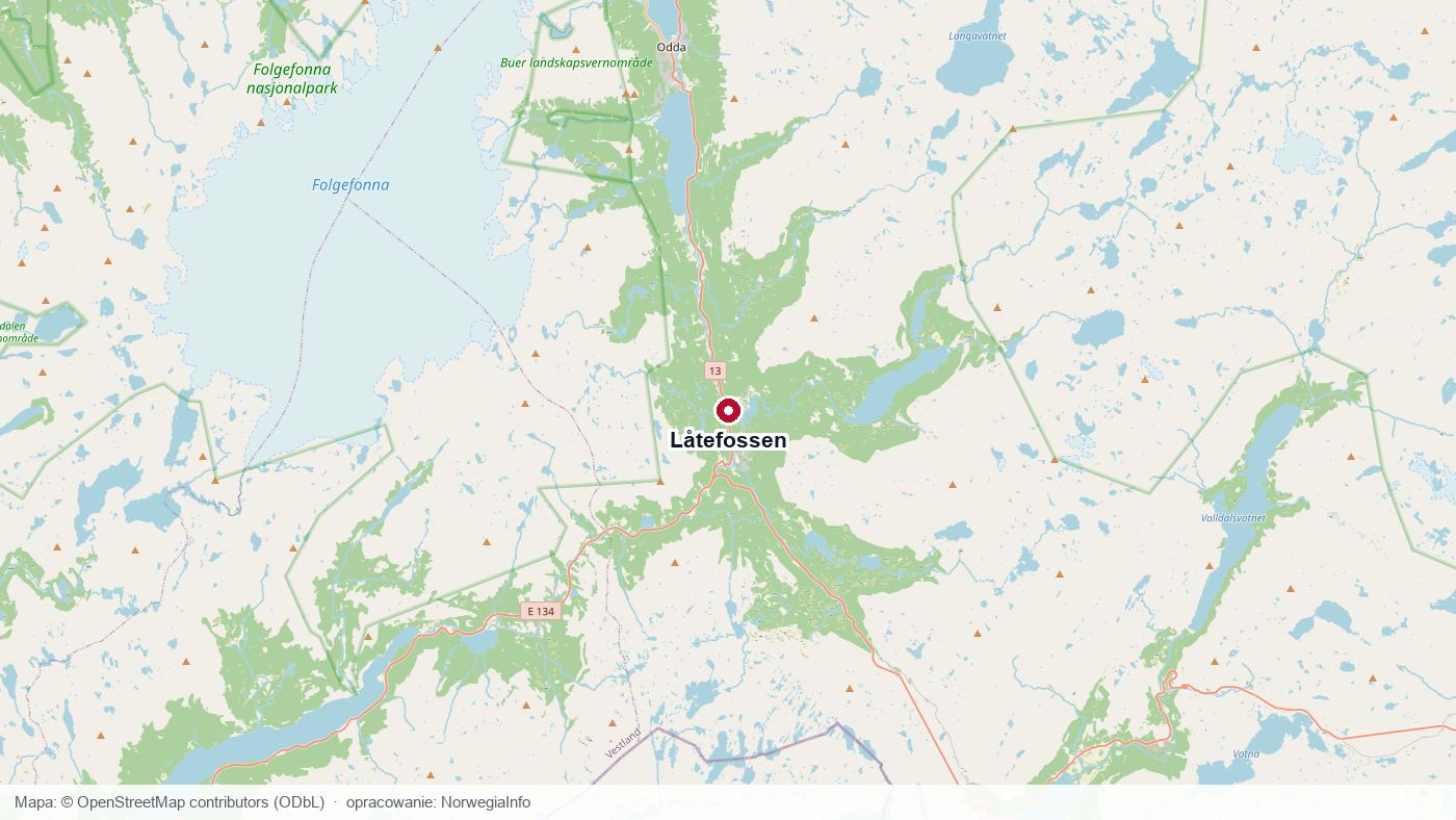 Mapa położenia wodospadu Låtefossen przy drodze nr 13 koło Odda