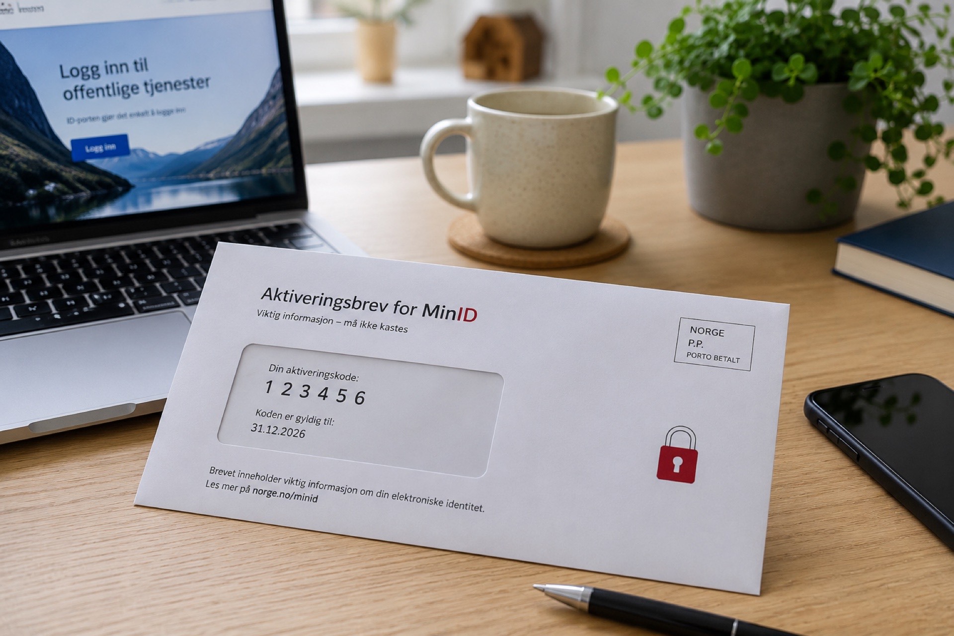 Aktiveringsbrev – list aktywacyjny MinID z kodem i laptopem z ID-porten