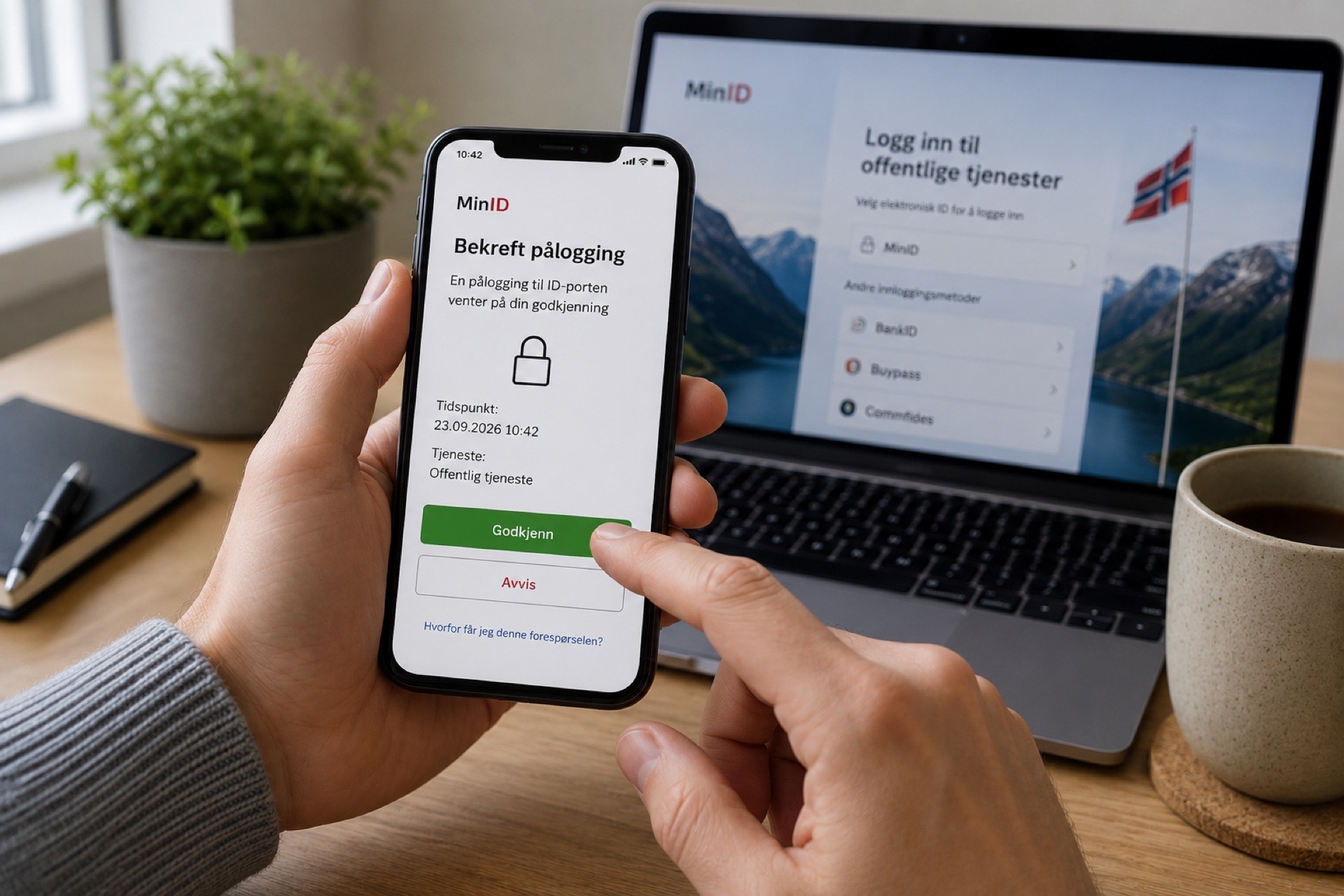 Bekreft pålogging – potwierdzenie logowania przez MinID na telefonie, w tle ID-porten na laptopie