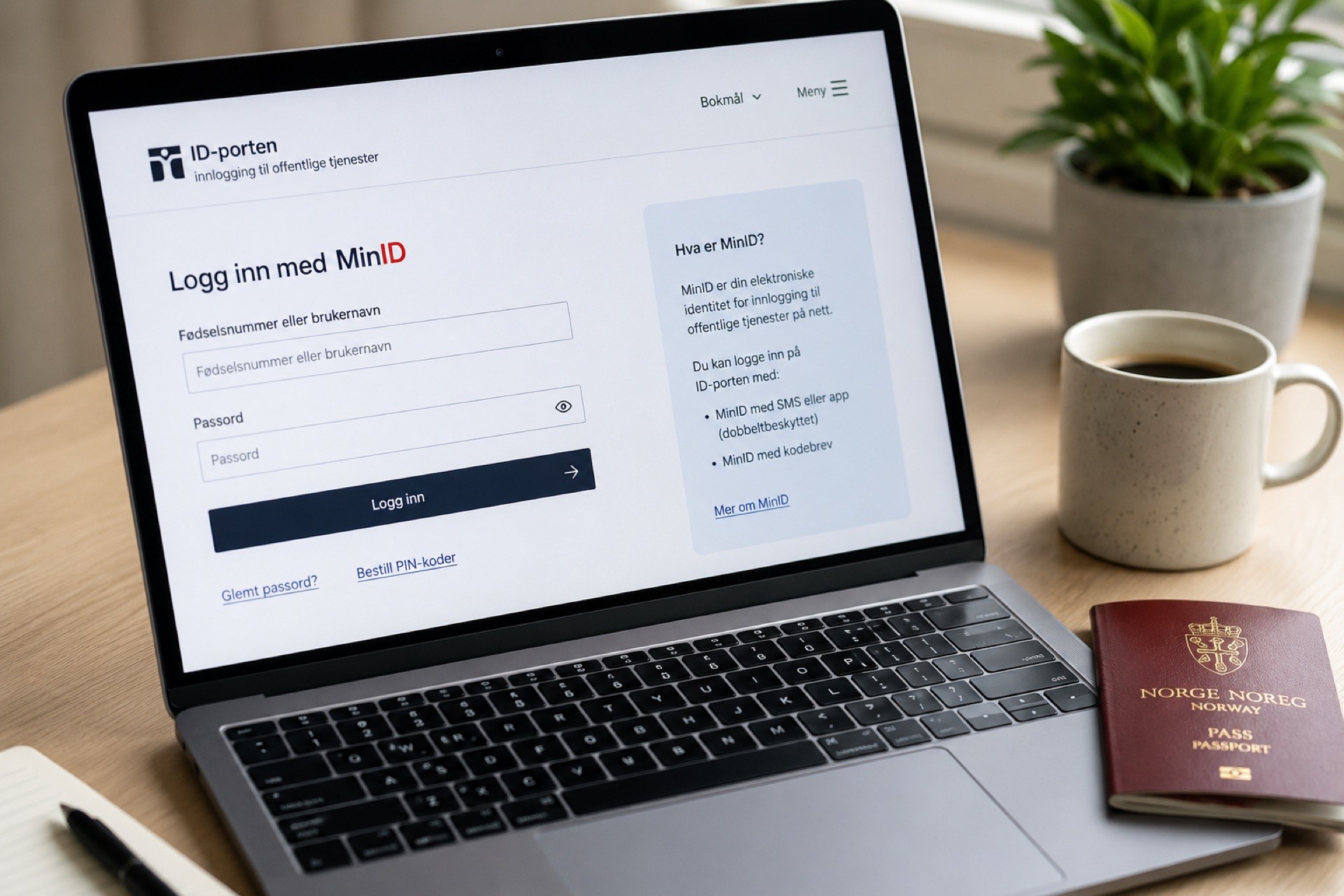 Laptop z ekranem logowania MinID przez ID-porten i norweski paszport