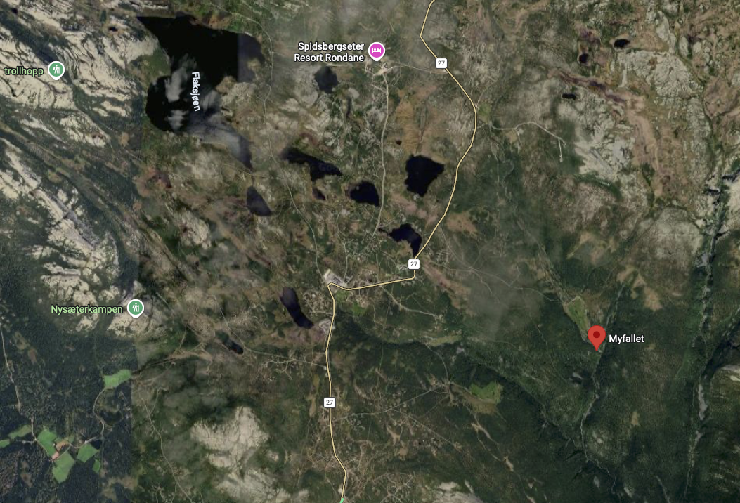 Mapa dojazdu do Myfallet przy drodze Rv27 w Venabygdsfjellet