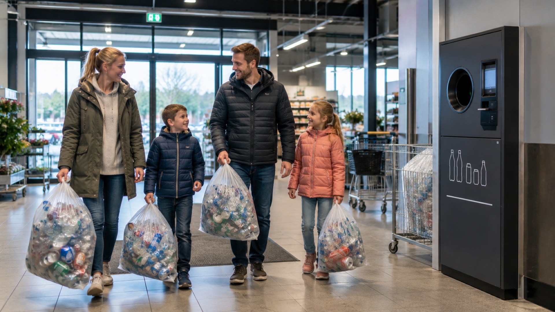 Norweska rodzina zbierająca butelki i puszki na pant