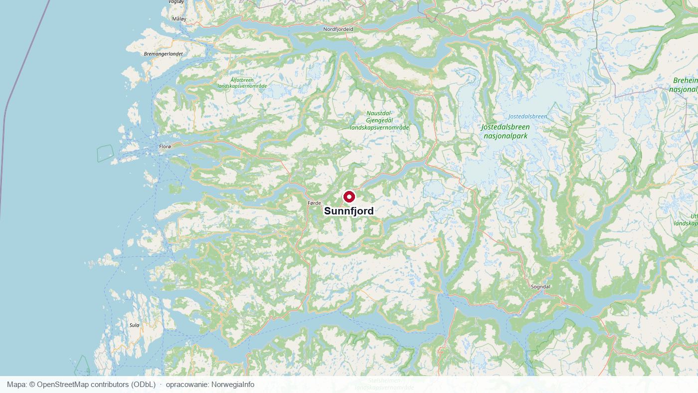 Mapa regionu Sunnfjord w okręgu Vestland w zachodniej Norwegii