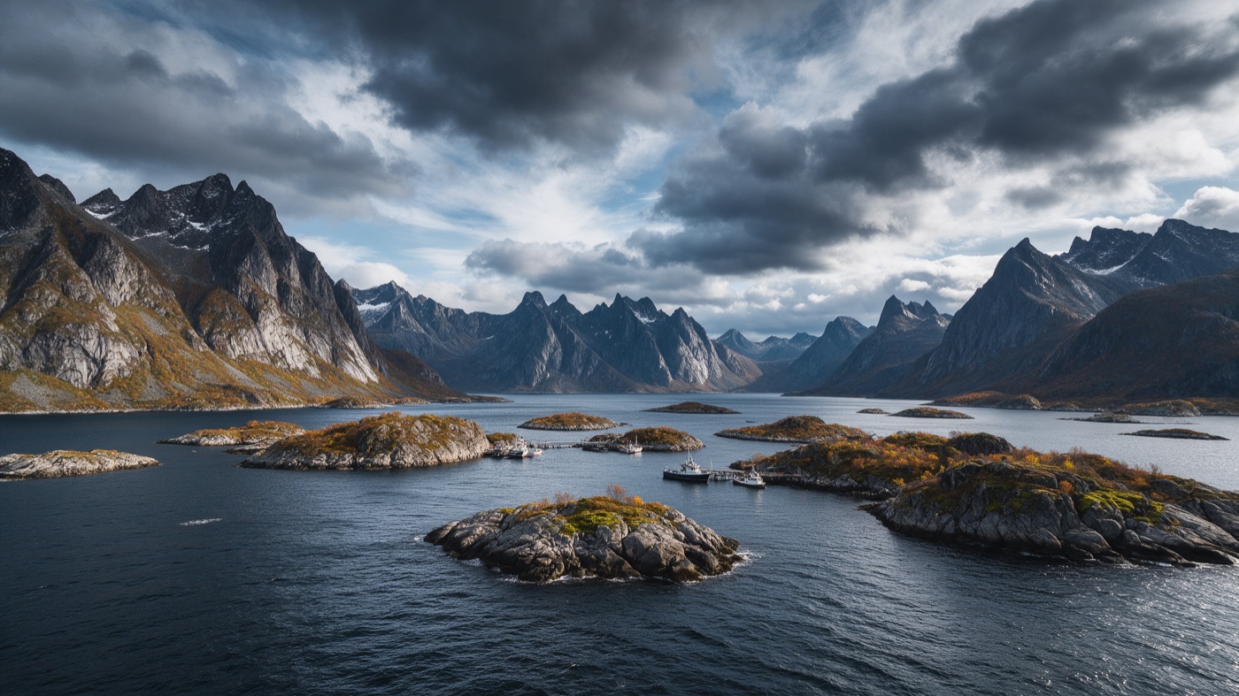 Widok z lotu ptaka na Andfjorden – norweskie fiordy i góry