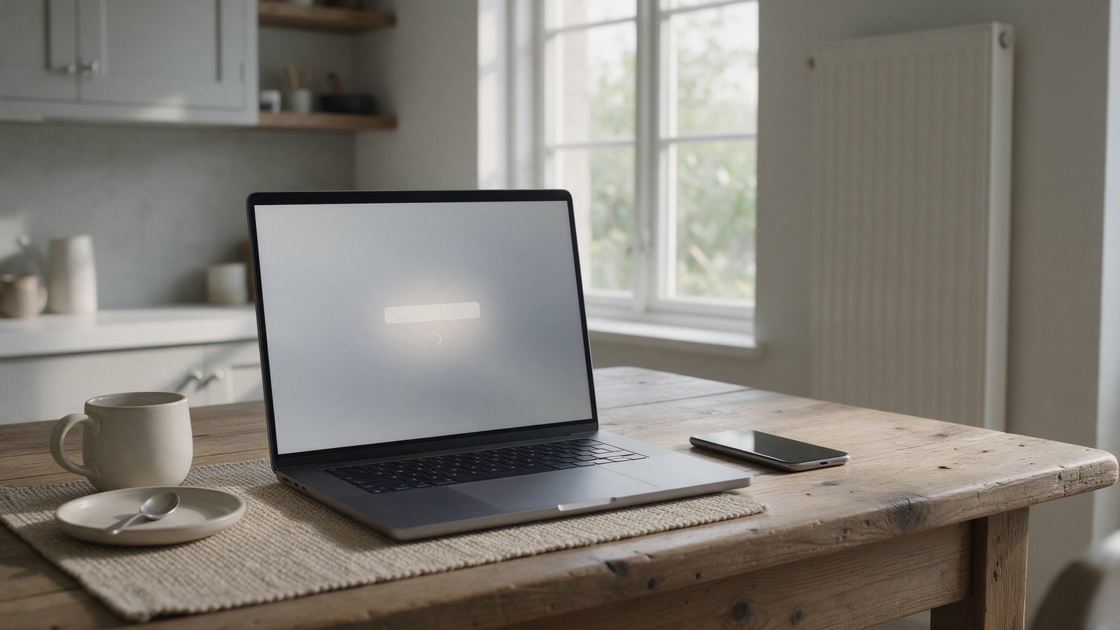 Laptop na kuchennym stole z ekranem logowania i telefon obok