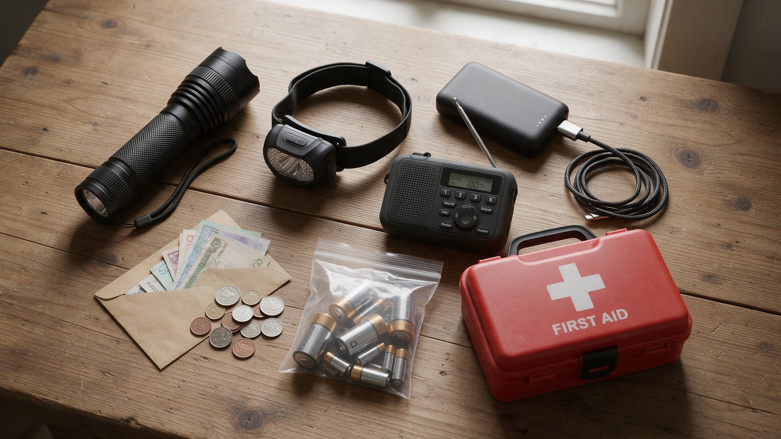 Zestaw awaryjny: latarka, czołówka, powerbank, radio DAB, baterie, apteczka i gotówka
