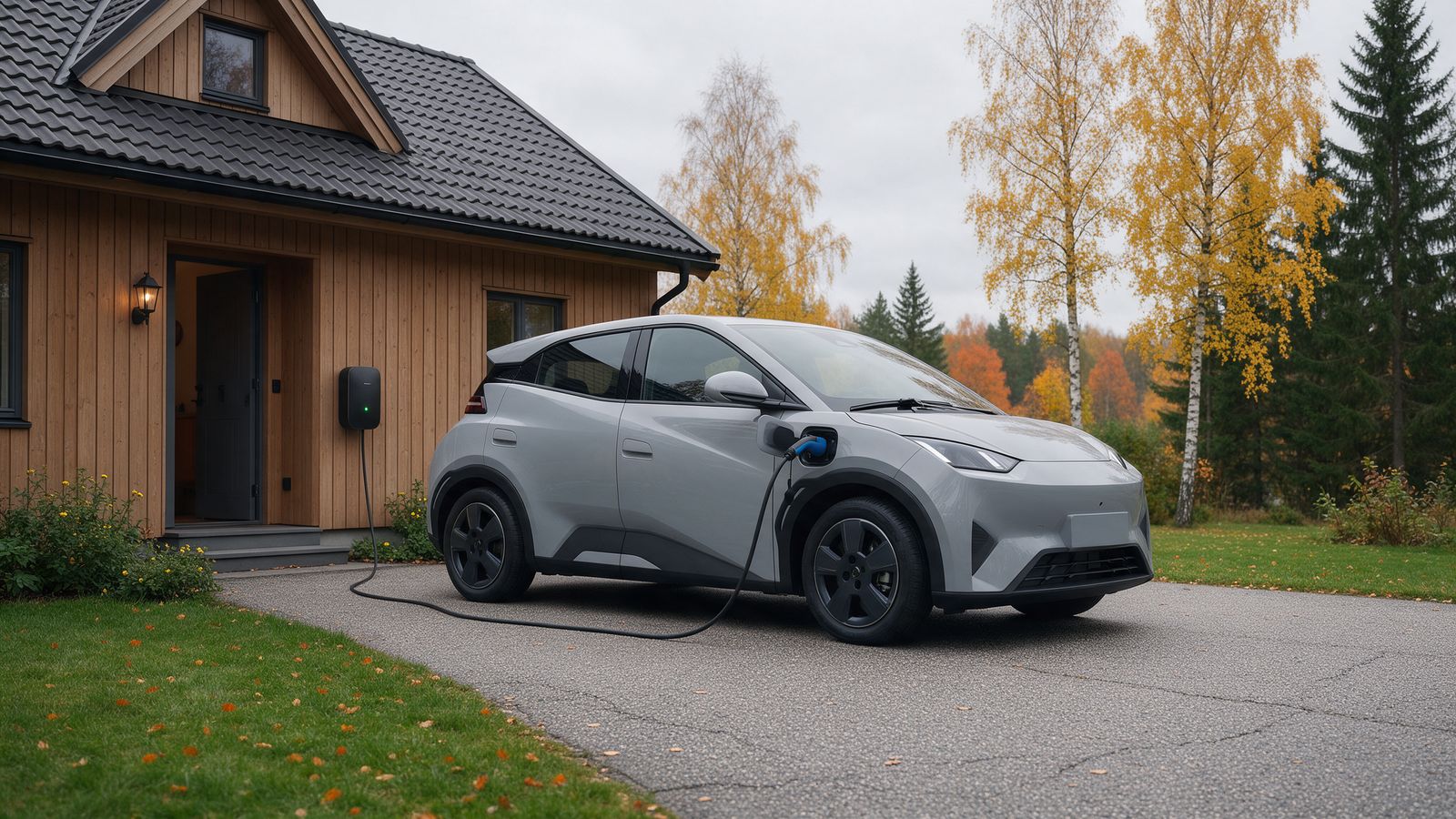 Samochód elektryczny ładowany z domowej ładowarki przed drewnianym domem jesienią