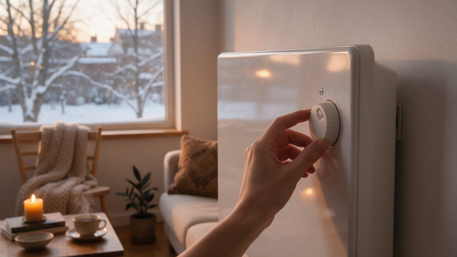 Dłoń skręca pokrętło termostatu białego grzejnika elektrycznego w przytulnym salonie, za oknem śnieg
