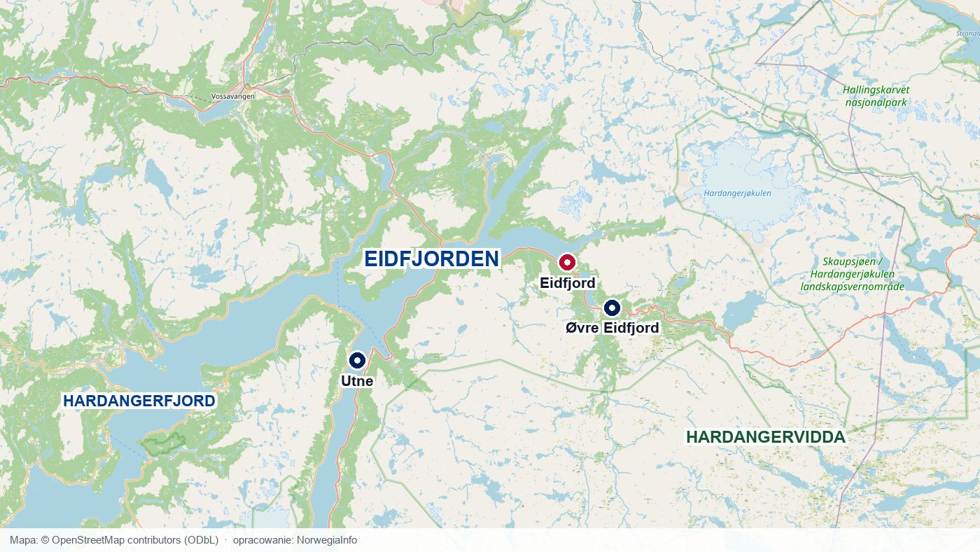 Mapa położenia Eidfjorden w regionie Hardanger, z zaznaczonymi miejscowościami Eidfjord, Øvre Eidfjord i Utne oraz płaskowyżem Hardangervidda