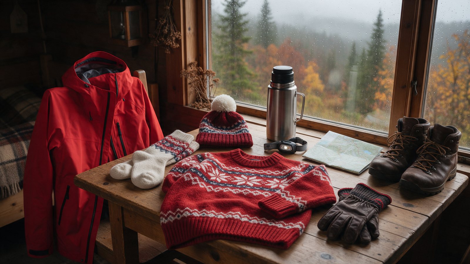Kurtka przeciwdeszczowa, wełniany sweter, czapka, rękawiczki, buty trekkingowe, termos i czołówka na stole w hytte