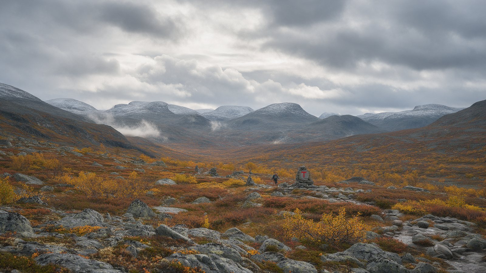 Jesienny płaskowyż górski w Norwegii z pierwszym śniegiem na szczytach i złotymi karłowatymi brzozami