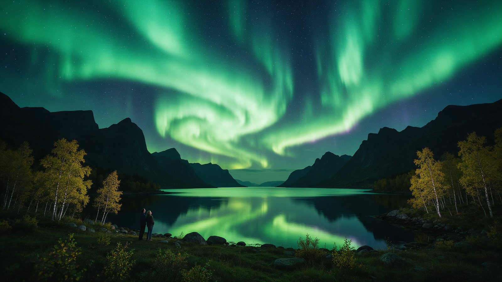 Zielona zorza polarna nad fiordem w północnej Norwegii jesienią, odbita w wodzie