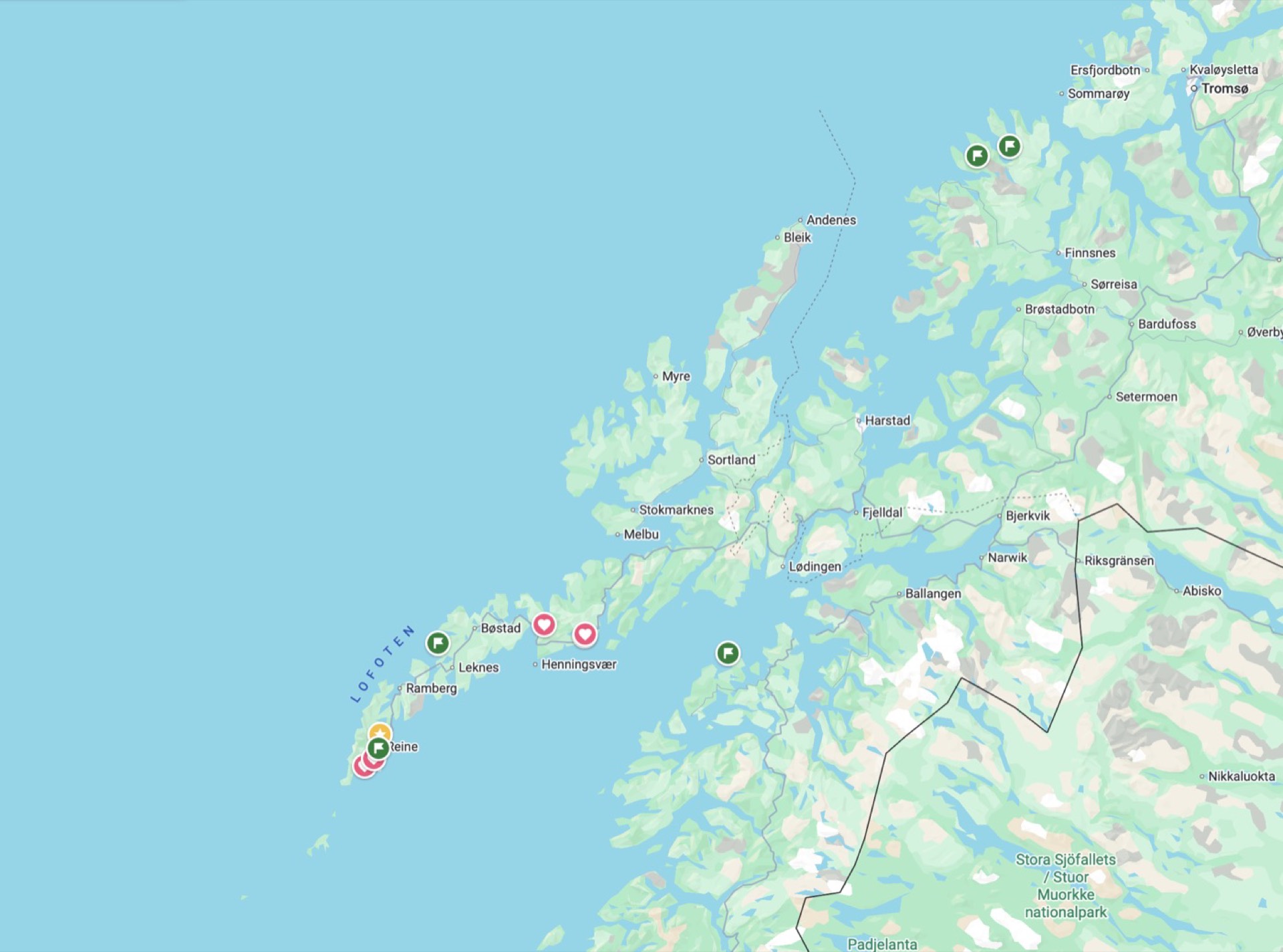 Mapa Google z lokalizacją Lofotów na tle Tromsø, Narwiku i Bodø