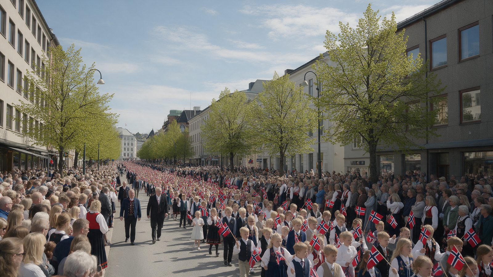 Pochód dzieci z norweskimi flagami na ulicy miasta 17 maja, wzdłuż trasy dorośli w strojach bunad