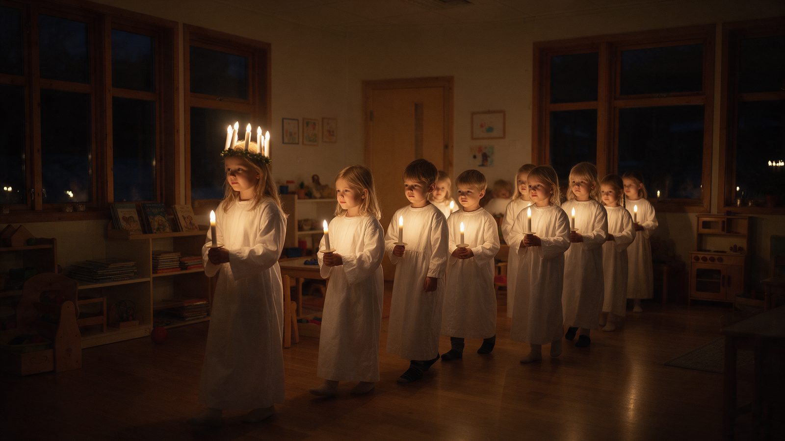 Dzieci w białych strojach ze świecami idą w pochodzie Lucii w przedszkolu, na czele dziewczynka z wieńcem ze świateł na głowie