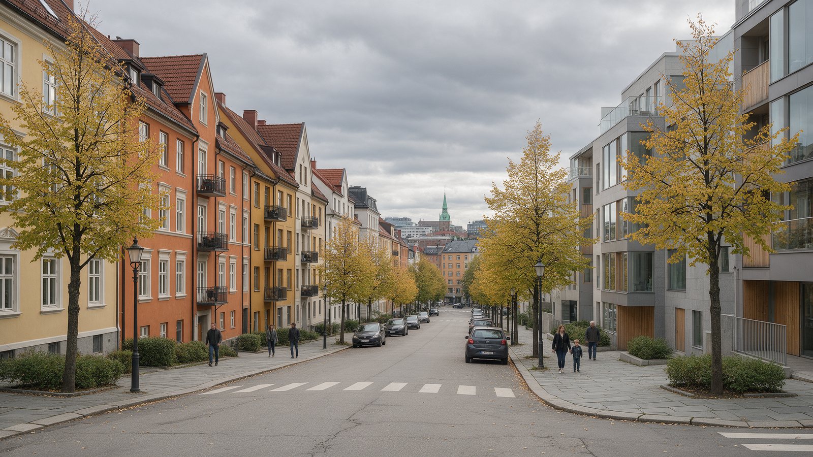Ulica w Oslo z kamienicami i nowymi blokami mieszkalnymi jesienią