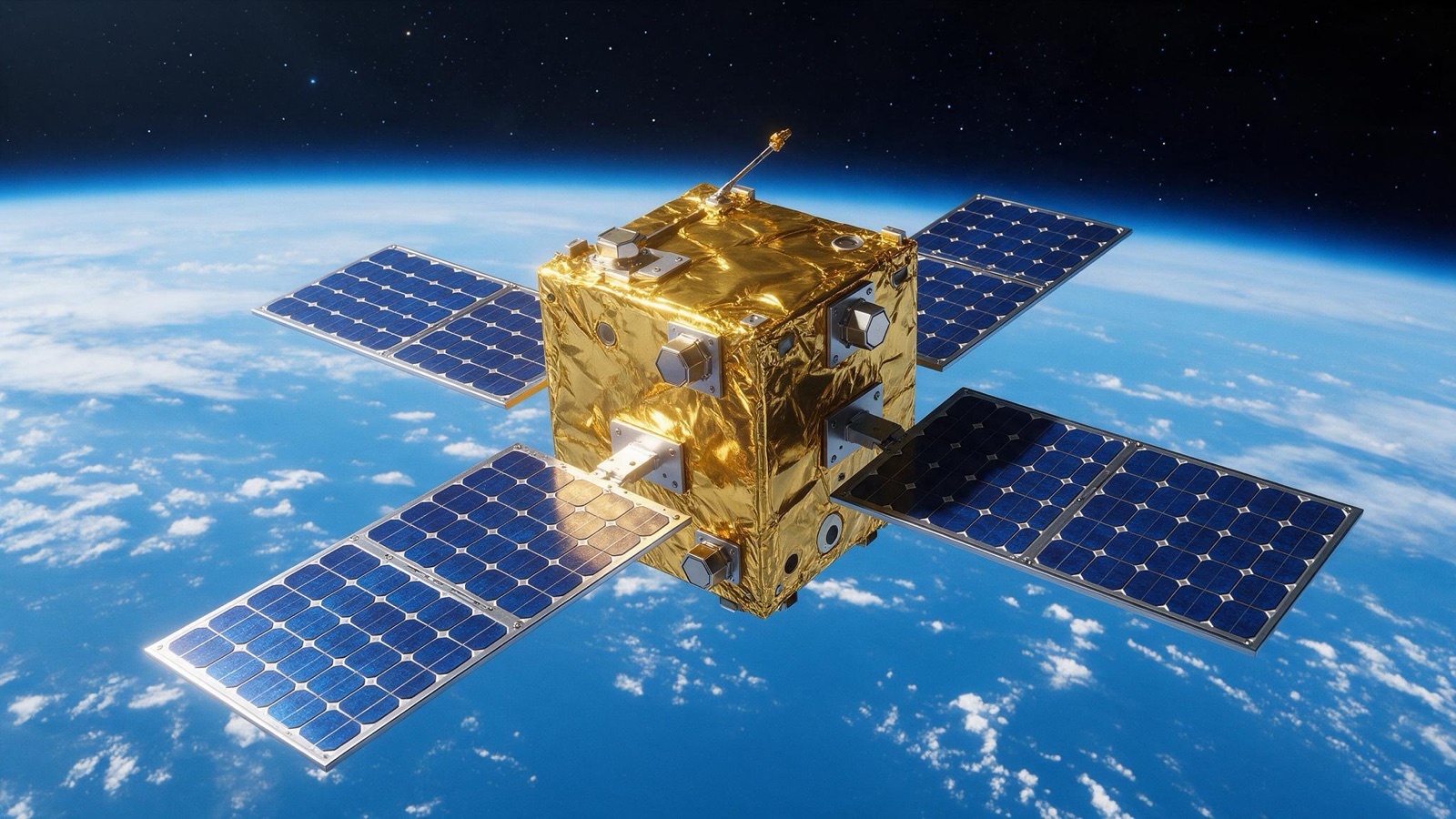 Mały satelita CubeSat z panelami słonecznymi na niskiej orbicie okołoziemskiej
