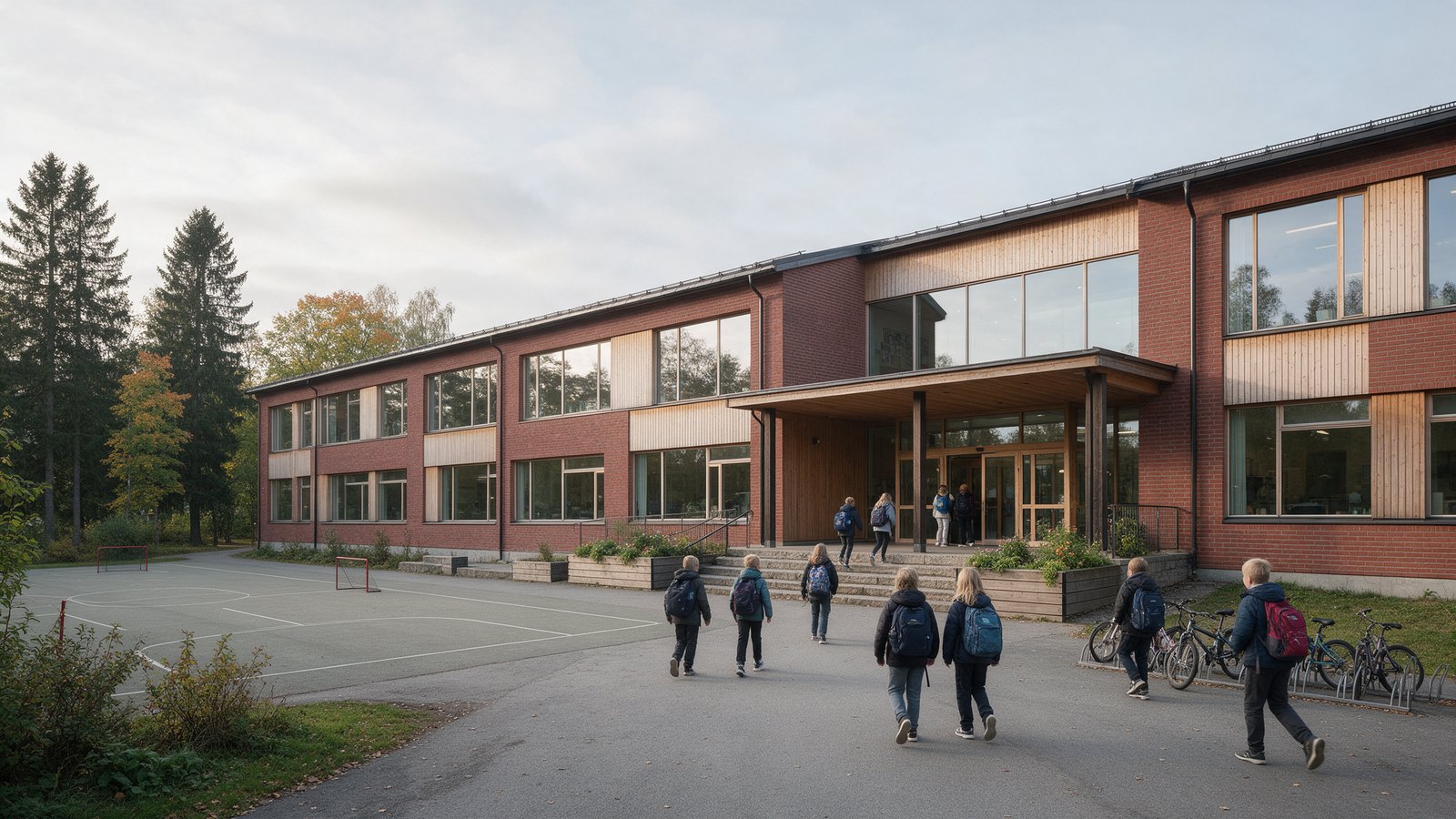 Norweska szkoła podstawowa – uczniowie wchodzący do budynku