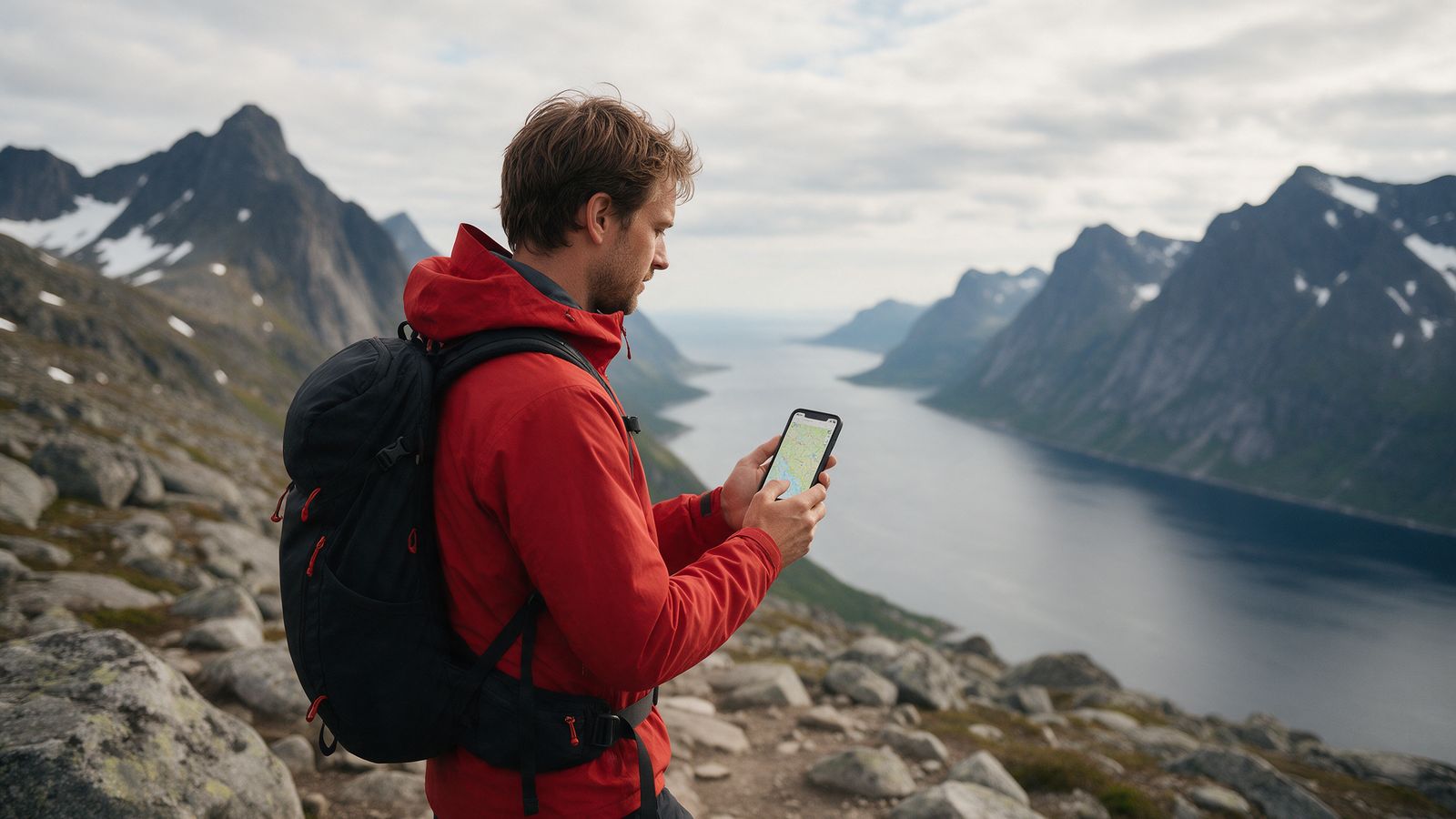 Turysta w czerwonej kurtce na górskim szlaku nad fiordem sprawdza mapę w telefonie