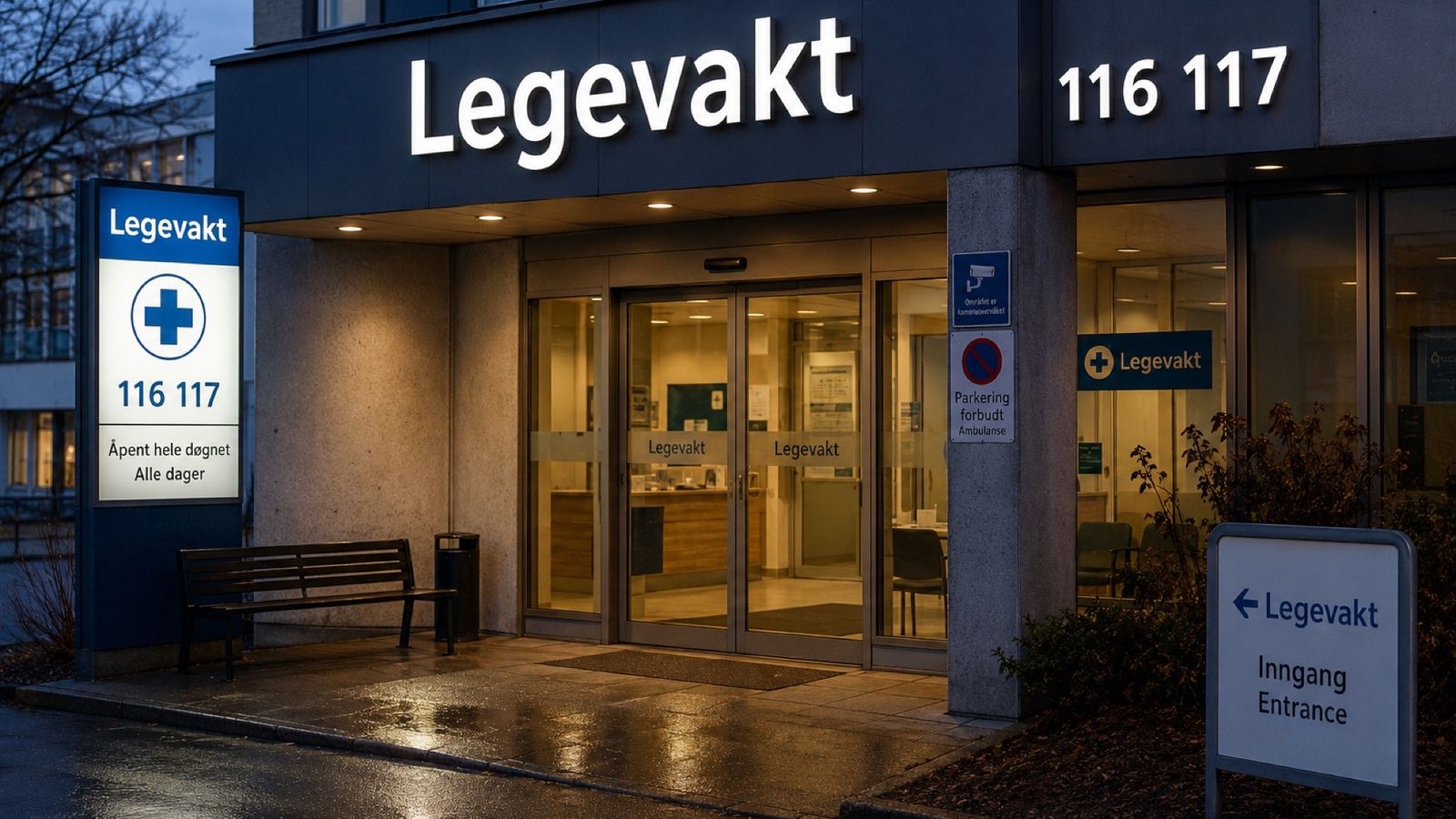Wejście do przychodni Legevakt z oznaczeniem numeru 116 117 wieczorem
