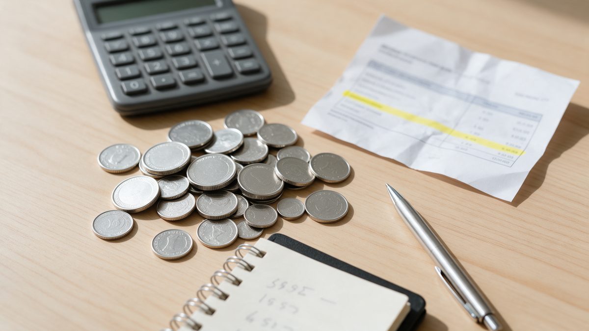 Kalkulator, monety, pasek wypłaty z zaznaczoną linią i notes z obliczeniami na biurku