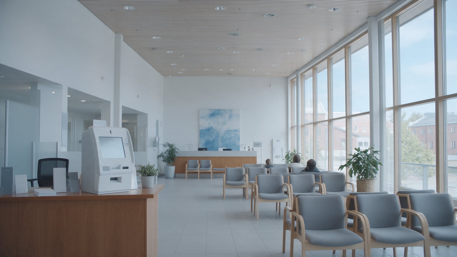 Poczekalnia norweskiego urzędu z automatem do biletów i rzędami krzeseł