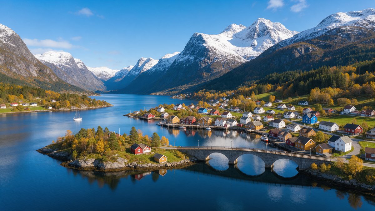 Widok z lotu ptaka na norweskie miasteczko nad fiordem z kolorowymi domami i górami w tle
