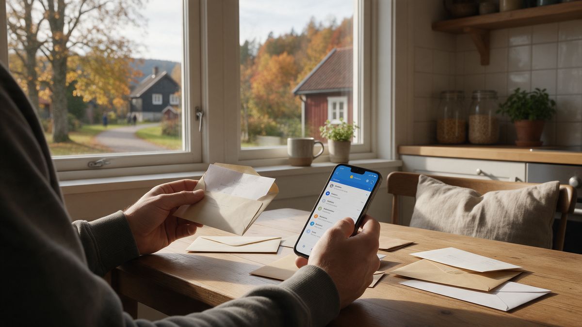 Osoba w domu otwiera papierowy list i jednocześnie sprawdza cyfrową skrzynkę w telefonie
