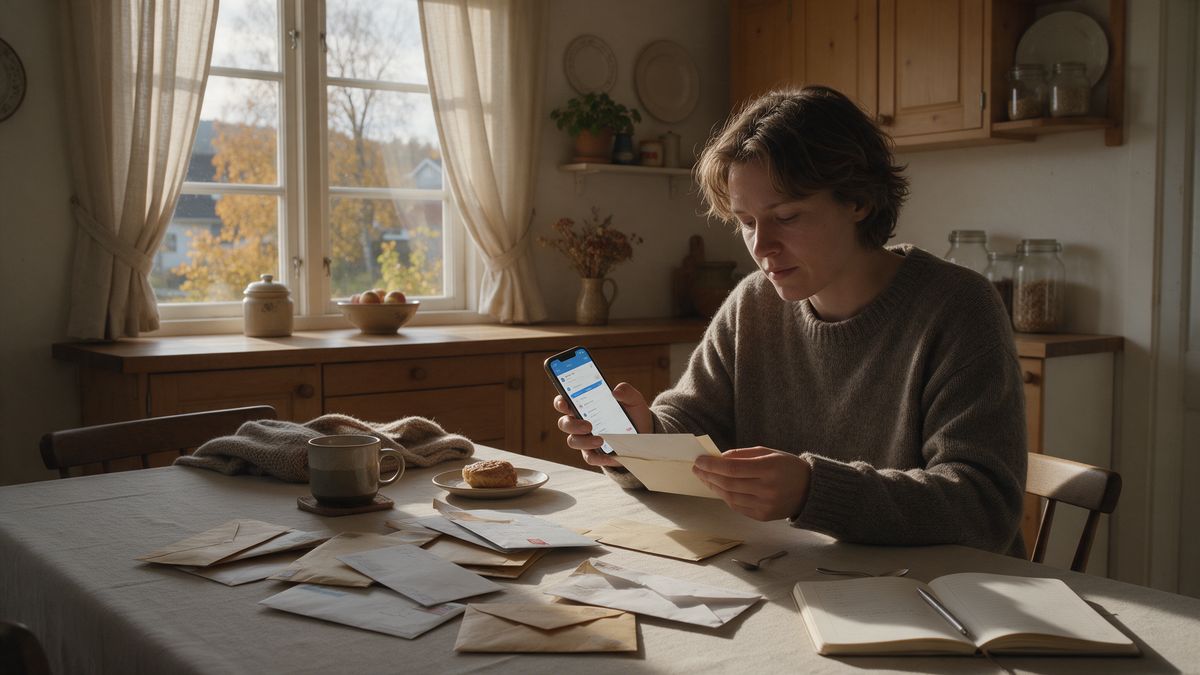 Kobieta przy kuchennym stole przegląda papierowe listy i telefon