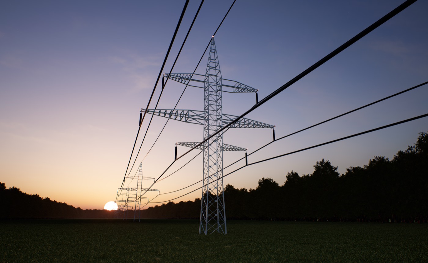 Słup energetyczny na tle zachodu słońca – ogólnokrajowa sieć przesyłowa w Norwegii