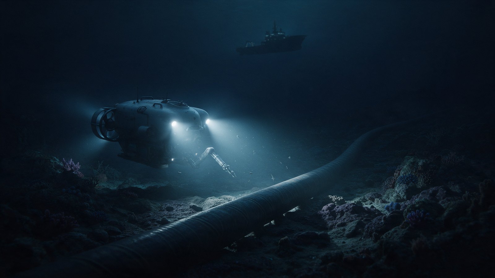Pojazd podwodny z reflektorami przy kablu leżącym na dnie oceanu – wizualizacja rozpoznania infrastruktury podmorskiej
