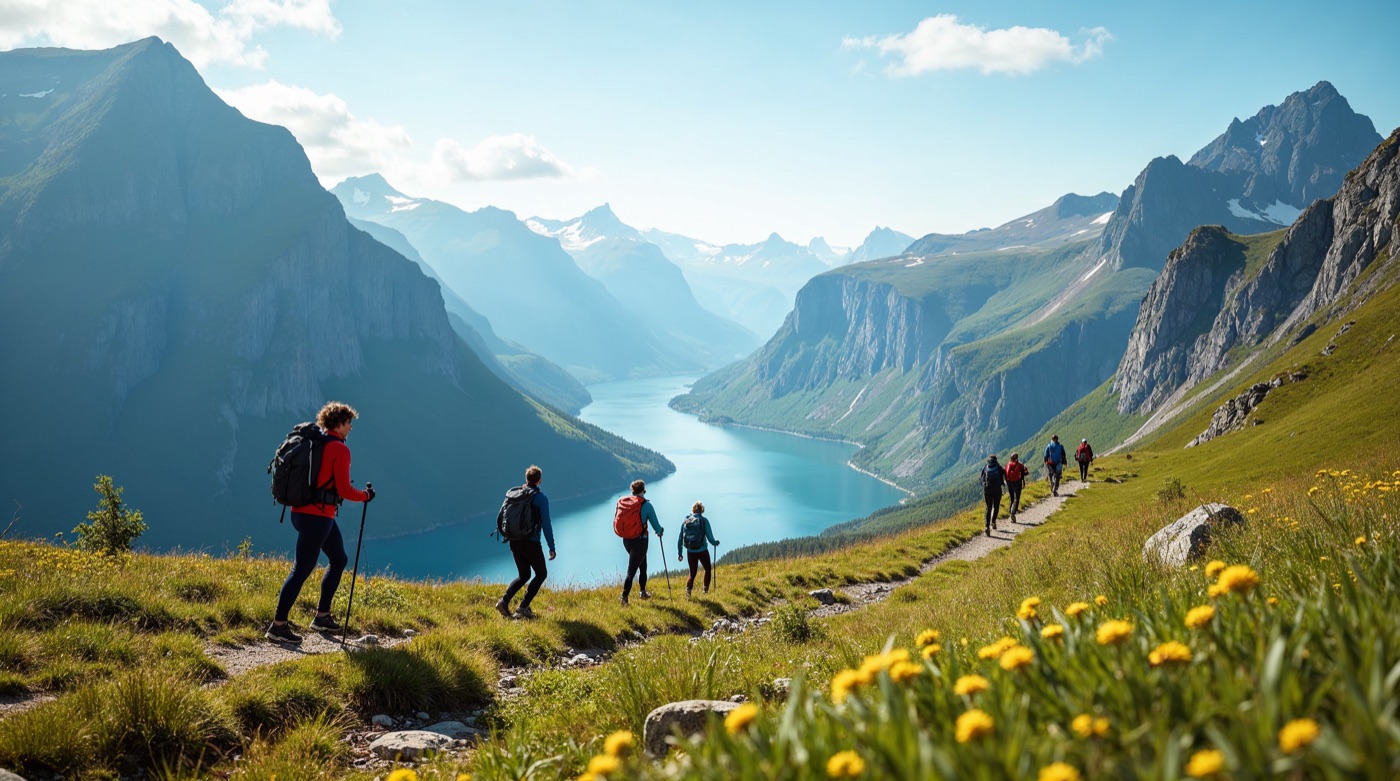 Rodziny, biegacze i rowerzyści na tle norweskiego fiordu