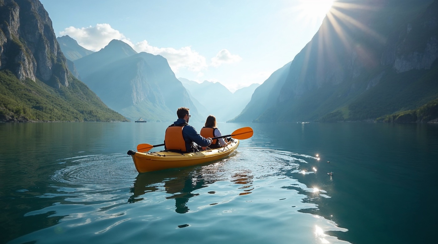 Kajakarze na spokojnym norweskim fiordzie otoczonym górami