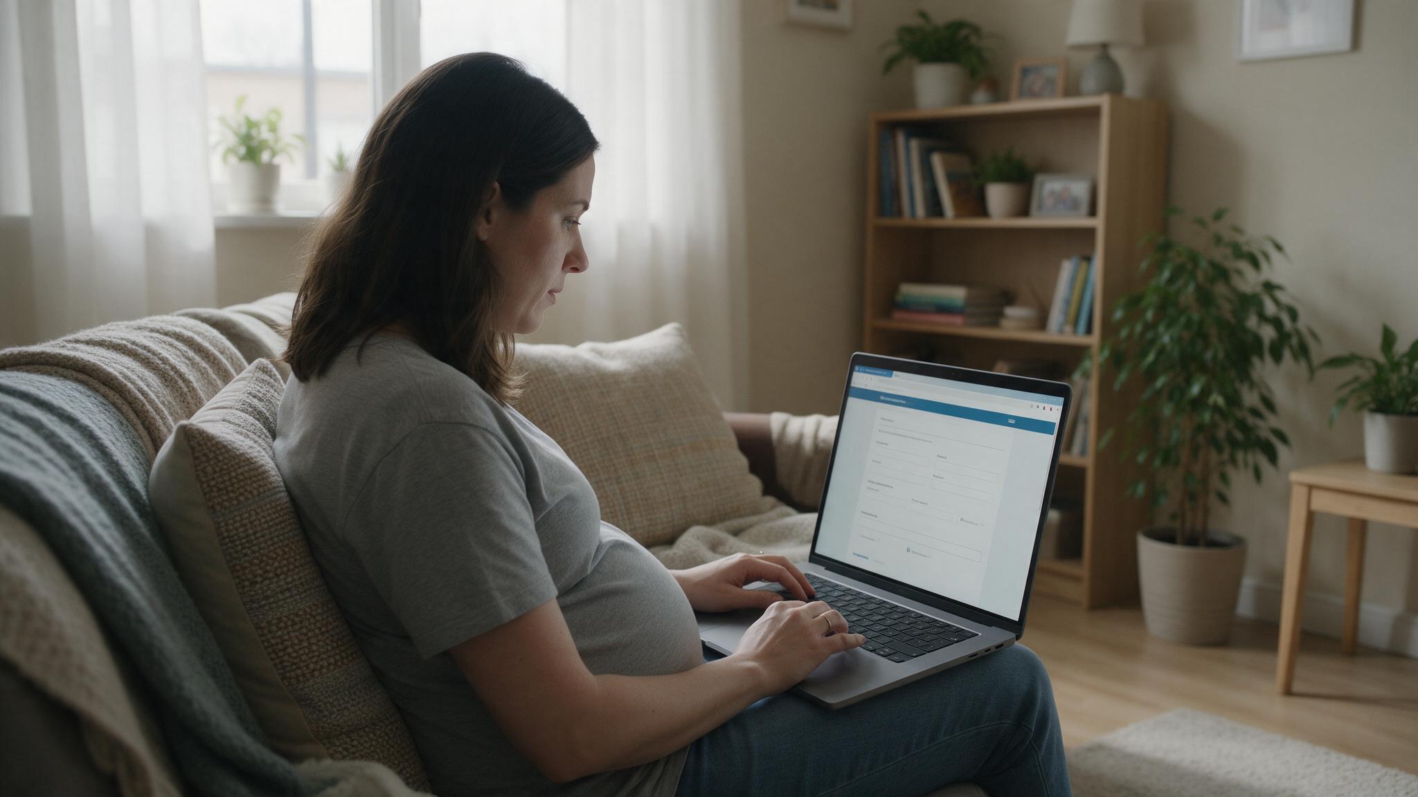 Kobieta w ciąży wypełnia wniosek do NAV na laptopie na kanapie