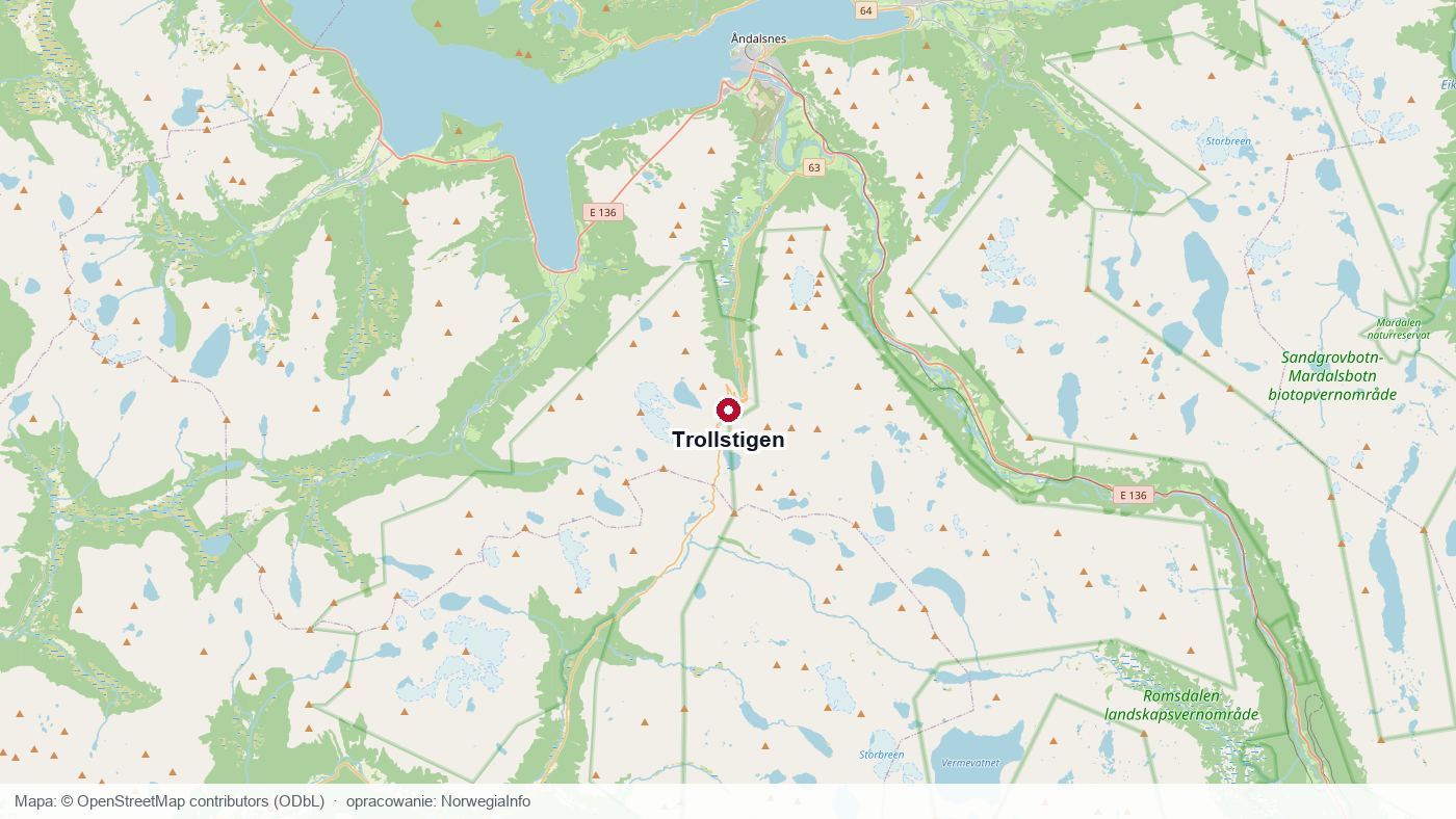 Mapa położenia drogi Trollstigen w gminie Rauma w zachodniej Norwegii