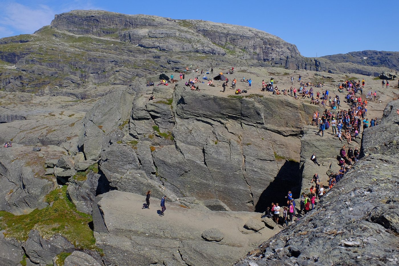 Tłum turystów czekających na zdjęcie na skalnej półce Trolltunga
