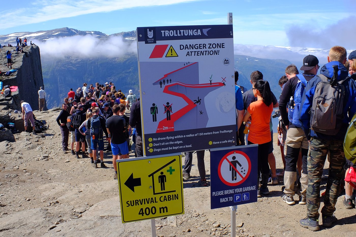 Tablica ostrzegawcza przy Trolltunga z zakazem lotów dronem i napisem Danger zone