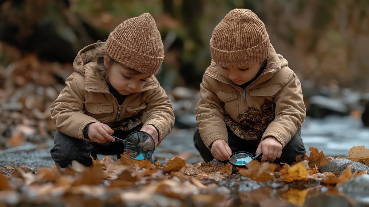 Dwoje dzieci w czapkach ogląda przez lupy jesienne liście nad strumieniem