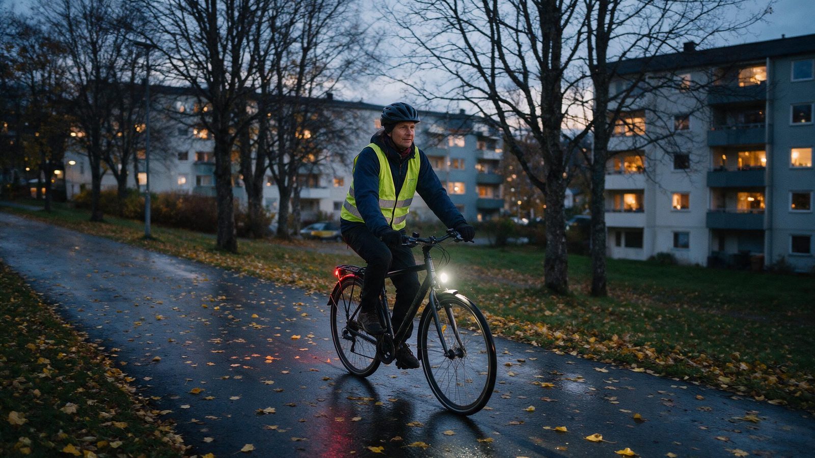 Rowerzysta jadący o zmroku ulicą oświetloną latarniami