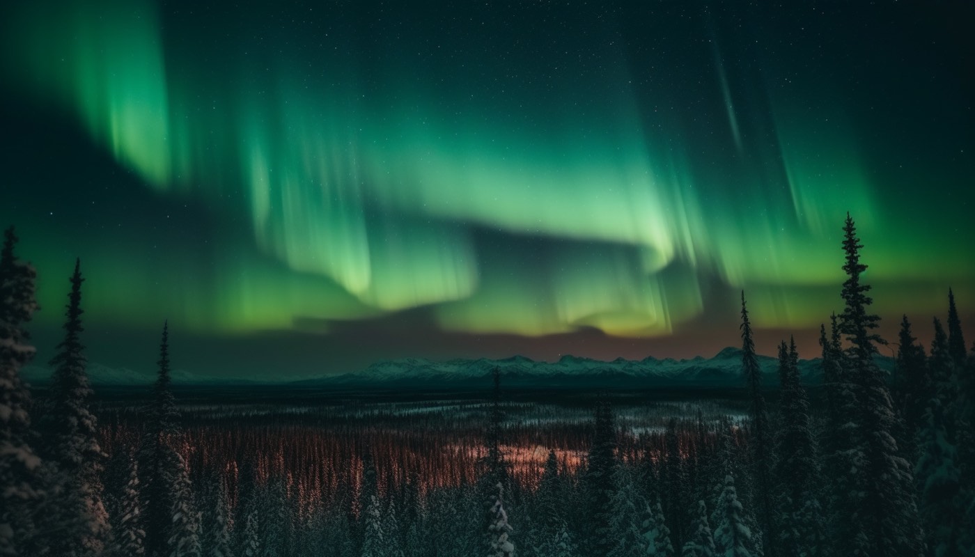 Zorza polarna nad lasem iglastym w głębi lądu w północnej Norwegii