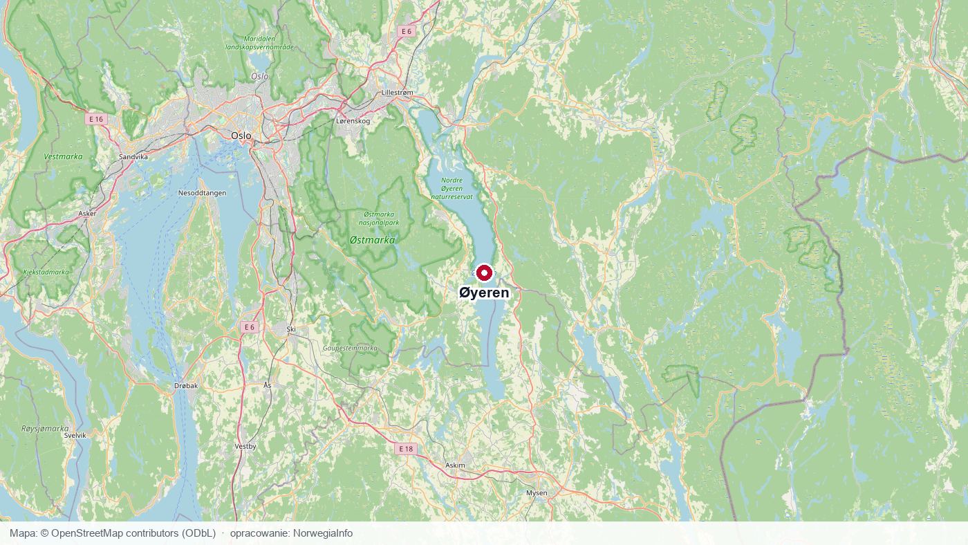 Mapa jeziora Øyeren i delty Glommy na południowy wschód od Oslo